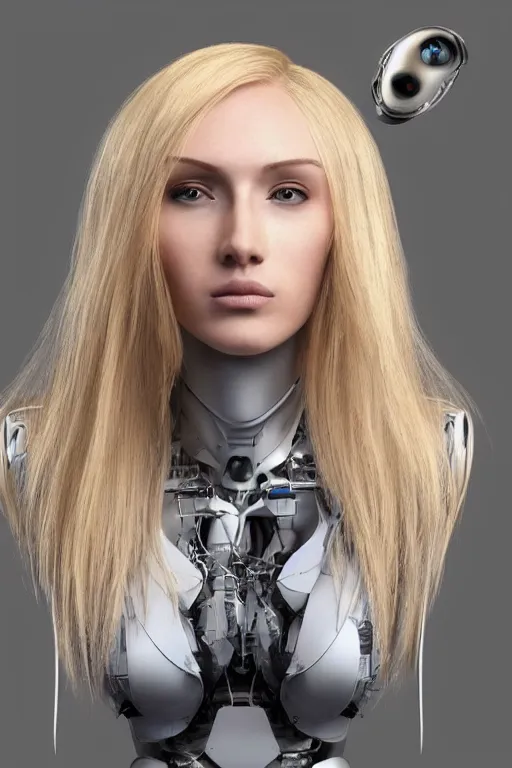 Image similar to robot with human face, female head, full body angle, woman human face, human face realistic, beautiful blonde hair, human head, human head with blonde hair, blonde hair human head, blonde hair, human realistic face, human head skin, cyborg frame concept, cyborg by ales-kotnik, sci-fi android female, the body is made of wires, robotic body, cyborg body, cyborg bust body, robot body cyborg, full body
