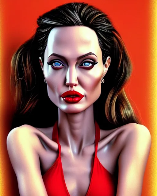 Image similar to closeup profile face profile portrait of a tin toy angelina jolie as a waitress in a diner, bikini, hyper realistic, artstation, illustration, concept art by bill ward, digital paint, matte paint, vivid colors, bright, cheerful, detailed and intricate environment