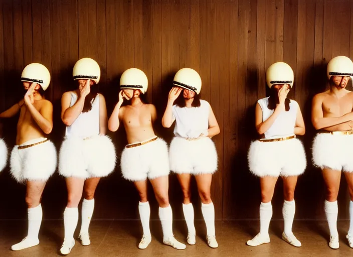 Prompt: realistic documentary photo of a a group of students wearing white fluffy feather shorts, very brass wooden bird helmets, standing in a medieval classroom 1 9 9 0, life magazine reportage photo, neutral colors, neutral lighting