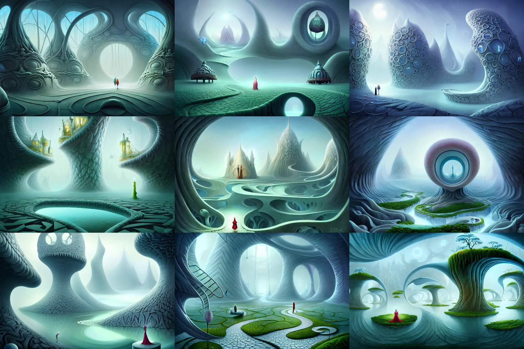 Prompt: a beguiling fantasy matte painting of an impossible path winding through arctic dream worlds with surreal architecture designed by heironymous bosch, structures inspired by heironymous bosch's garden of earthly delights, surreal ice interiors by cyril rolando and asher durand and natalie shau, insanely detailed, whimsical, intricate