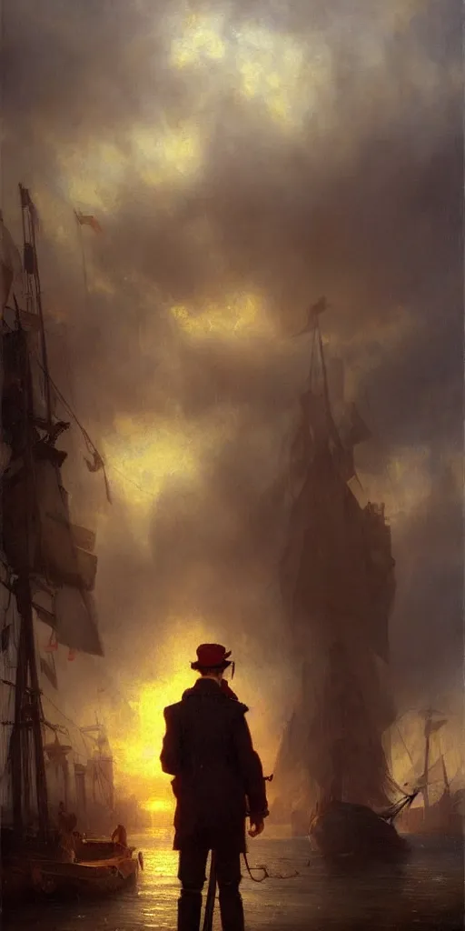 Prompt: a seaport in 1 9 4 0 with red light on, sunny day, a men stand up next to the edge, mystical orange fog, oil on canvas, art by andreas achenbach, clemens ascher, tom bagshaw and sabbas apterus,