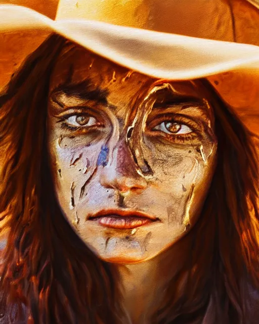 Prompt: oil painting portrait of cowgirl with burn scar exactly half of her face and one blind eye, golden ration, high production value, intricate details, high resolution, hdr, high definition, masterpiece, realistic, ultrarealistic, highly detailed, hd, sharp focus, non blurry, sharp, smooth