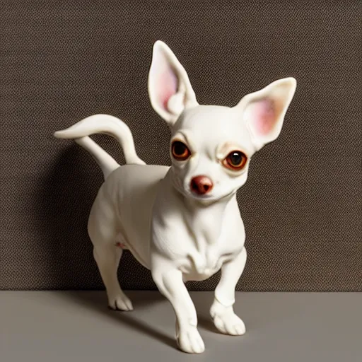 Image similar to A porcelain model of a chihuahua painted in an Emma Bridgewater pattern, style of Emma Bridgewater, sculpture, photograph, studio lighting, product photography, advertising photography, pottery, figurine, octane render –H 768