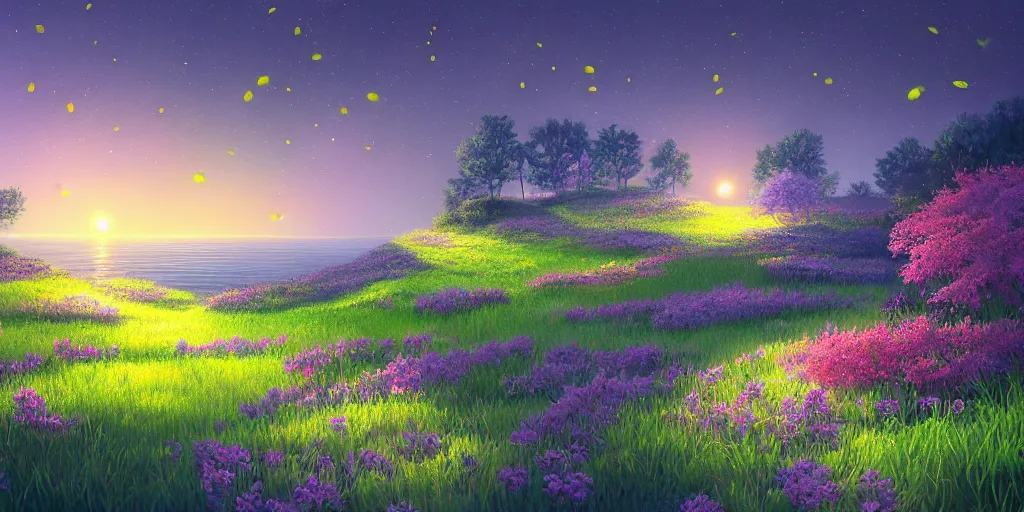 Prompt: fireflies around the ocean inspired by Evgeny Lushpin,flower meadow,spring,cinematic,trending on ArtStation