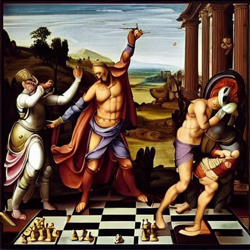 Image similar to “a renaissance painting of the heroic final battle between a dull clerk in a grey suit and a cyborg robot, the fight is happening on a life sized chessboard”