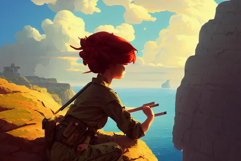 Image similar to a painting of a military woman sitting on a cliff, smoking a cigarette, a character portrait by rhads, makoto shinkai and lois van baarle, ilya kuvshinov, rossdraws global illumination and tom bagshaw, cg society, fantastic realism, intricate, detailed