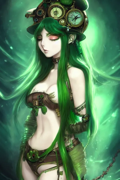 Prompt: beautiful green hair anime woman, modern, steampunk, fantasy, eerie, intricate details, pixiv, digital painting, artstation, concept art, 8 k, art by artgerm and alohonse mucha and eiichiro oda