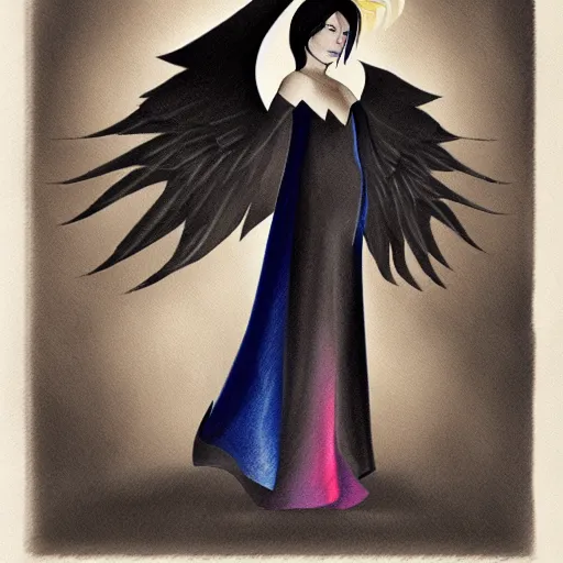 Prompt: character portrait of a modest robed dark raven angel with iridescent black raven wings