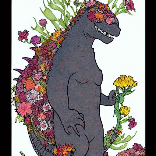 Image similar to godzilla smelling flowers, in the style of chiara bautista, mucha