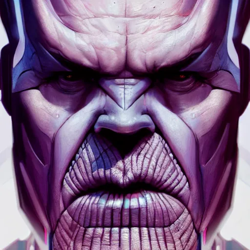 Image similar to close-up, symmetrical, portrait of Thanos, scowling, art by greg rutkowski, matte painting, trending on artstation