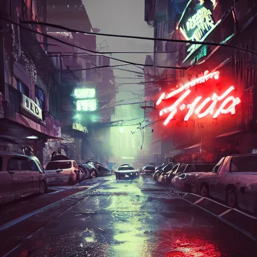 Prompt: gritty infamous mafia street neon by night under heavy rain with neon lights bleeping in red tones, dark, intricate, very detailed, science-fiction, trending on artstation, Nekro, Russ Mills, Taiyo Matsumoto, octane render, 4K