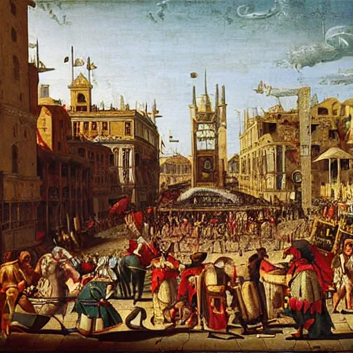 Prompt: ideal renaissance city in carnival in the style of vittore carpaccio clean classical buildings sharp oil painting highly detailed