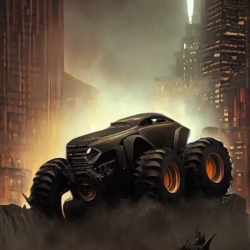 Image similar to a batman monster truck, dramatic lighting, cinematic, establishing shot, extremely high detail, photo realistic, cinematic lighting, post processed, concept art, artstation, matte painting, style by eddie mendoza, raphael lacoste, alex ross