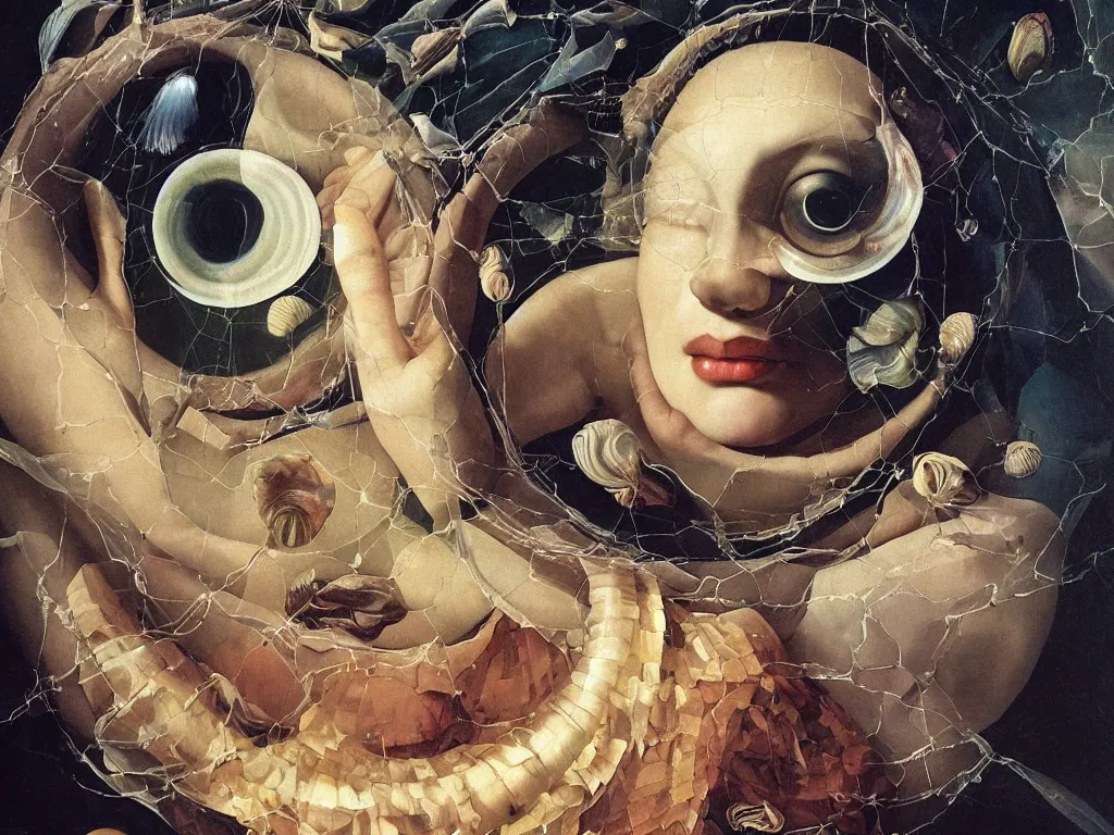 Image similar to hyperrealistic still life painting of a goddess with her third eye blasting open into a new dimension, wrapped in fabric and gently smiling, nautilus shell surrounded by prisms in a tesseract, by Caravaggio, botanical print, surrealism, vivid colors, serene, golden ratio