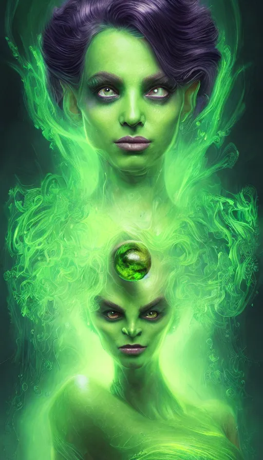 Prompt: portrait of magical green goblin female , dark fantasy, gradient green black, dreamy and ethereal, (colour) eyes, one head, golden ratio, peaceful expression, ornate frilly dress, fantasy, intricate, elegant, rainbow bubbles, highly detailed, digital painting, artstation, concept art, smooth,b sharp focus, illustration, art by artgerm and greg rutkowski and alphonse mucha