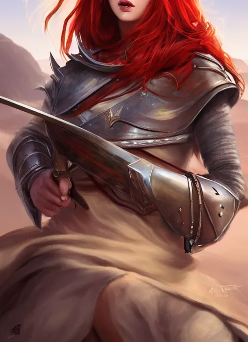 Image similar to Redhead female fighter with katana in desert, fantasy, medieval, vivid colors, fantasy, elegant, concept art, sharp focus, beautiful face, digital art, Hyper-realistic, 4K, Unreal Engine, Highly Detailed, HD, Dramatic Lighting by Brom, trending on Artstation