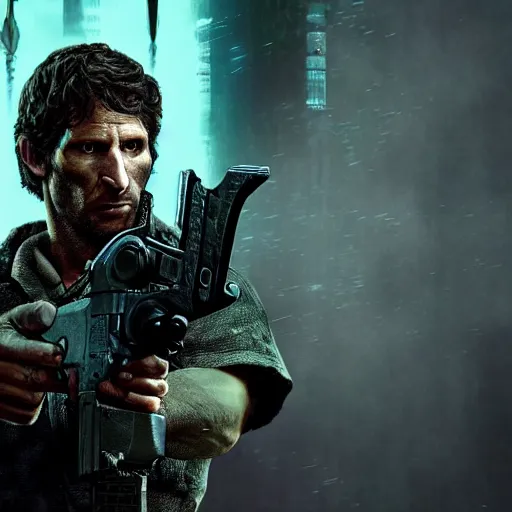 Prompt: todd howard with a gun, forcing you to buy skyrim, threatening, sharp, cinematic, colorful, digital art, neon, bright, cyberpunk, blade runner 2 0 4 9, realism, bold