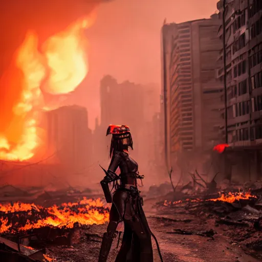 Image similar to beautiful android girl in full battle gear in a destroyed city, surrounded by fire, ground fog, moody lighting, 8 k, shallow depth of field, cinematic lighting,