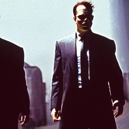 Prompt: Elon Musk starring as Agent Smith, The Matrix (1999), photographic still