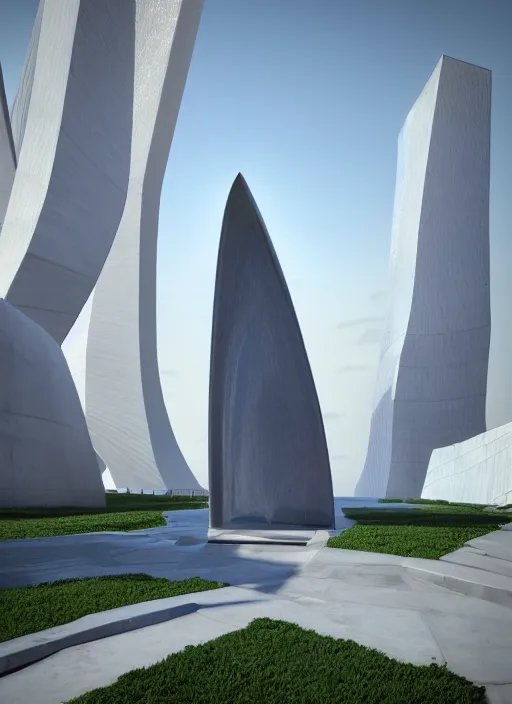 Prompt: highly detailed realistic architecture 3 d render of a huge high futuristic stele in zaha hadid style standing in city park, archdaily, made in unreal engine 4 octane render