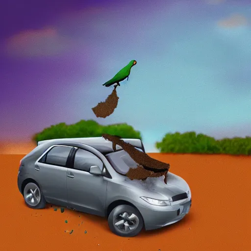 Image similar to a bird dropping a turd on a car, digital art