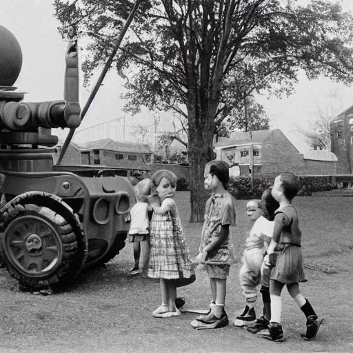 Image similar to vintage black and white photograph of children at a playground with giant war-mech