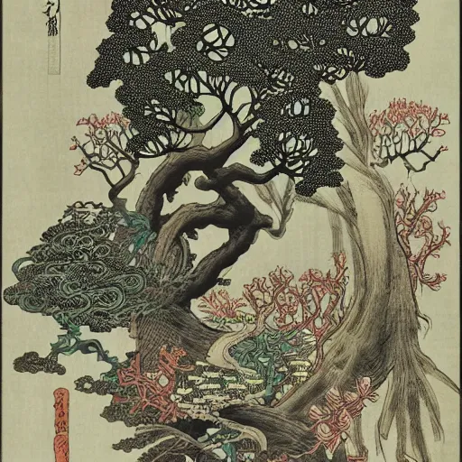 Prompt: a japanese woodcut, lush forest, ernst haeckel, spirit, life and death, moebius, scroll