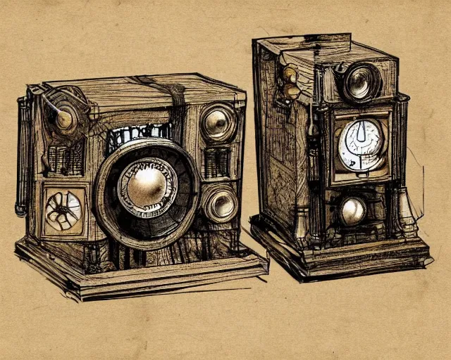 Prompt: steampunk mechanical hifi stereo system sketch by leonardo da vinci