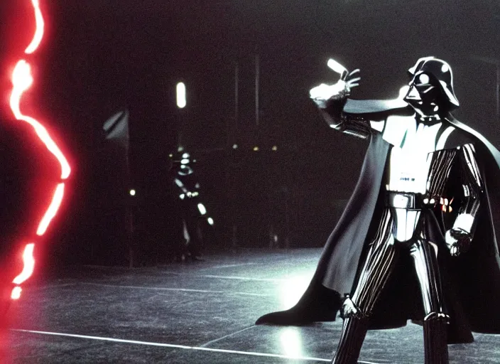 Image similar to film still of Darth Vader as Michael Jackson moonwalking on stage in concert