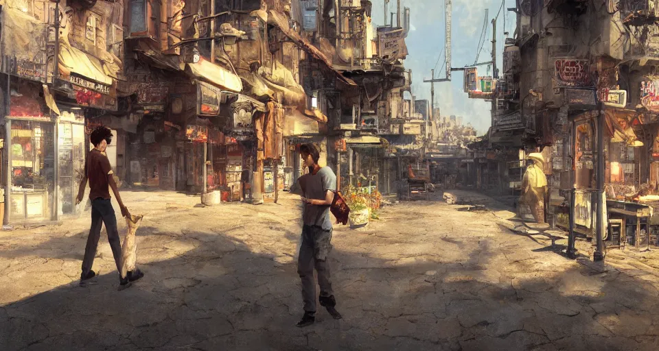 Image similar to craig mullins and ghibli digital art of american city, street, 1 9 2 0, sunset alley, the half - human, half - cat monster watches you, its body hidden in the shadow unreal engine, hyper realism, realistic shading, cinematic composition, realistic render, octane render, detailed textures, photorealistic, wide shot