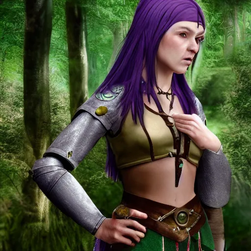 Image similar to anya charlota as a medieval fantasy tolkien elf, dark purplish hair tucked behind ears, wearing a green tunic with a fur lined collar and brown leather armor, wide, muscular build, scar across nose, one black, scaled arm, cinematic, character art, digital art, forest background, realistic. 8 k, 3 d render, detailed.