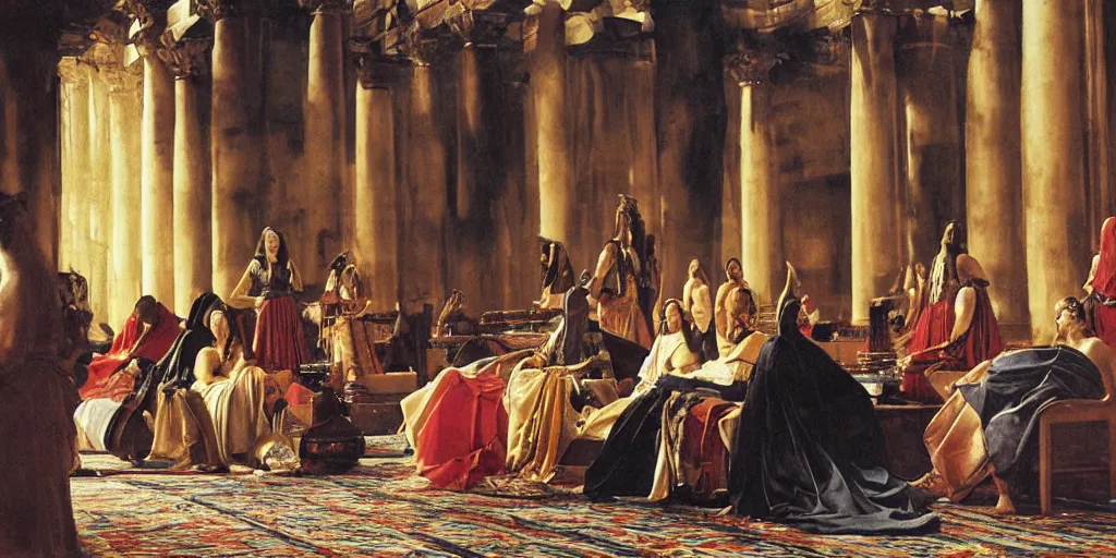 Image similar to beautiful oil matte portrait painting, ancient senators in royal crimson robes sit in tribunes of an egyptian blue palace hall, art by anders zorn, highly detailed, beautiful cinematic light deep focus, elegant, digital painting, smooth, sharp focus, golden ratio, dramatic illumination, art by artemisia lomi gentileschi and caravaggio