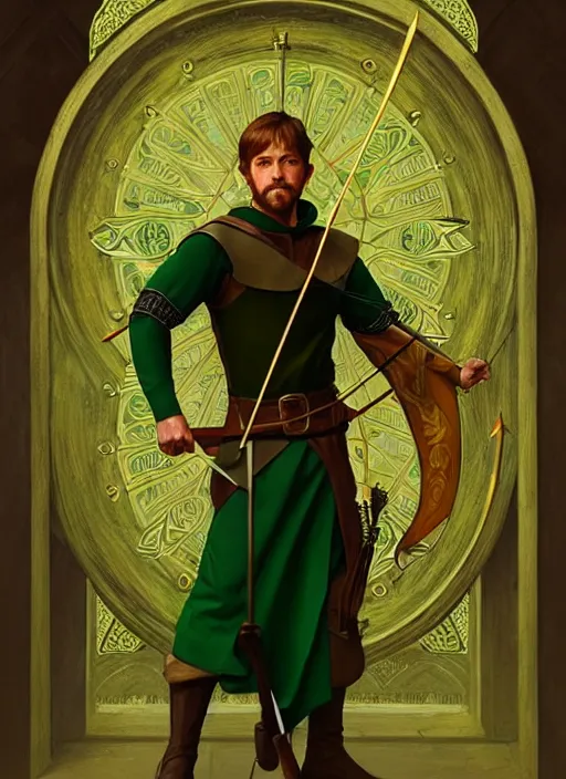 Image similar to symmetry!! portrait of robin hood as a saint in a green medieval suit with a bow and arrows, golden hour, intricate, elegant, highly detailed, digital painting, artstation, concept art, smooth, sharp focus, illustration, art by artgerm and greg rutkowski and alphonse mucha