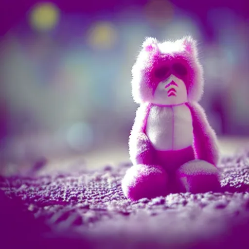 Image similar to lomography long shot of cute plush fluffy chthonic monster made to look like a baby, bokeh background, lsd colors