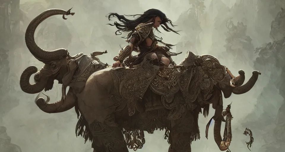 Image similar to magic tribal ethnic asian female, riding a war elephant, contrast lightning, deep focus, d & d, fantasy, intricate, elegant, highly detailed, digital painting, artstation, concept art, matte, sharp focus, illustration, hearthstone, art by artgerm and greg rutkowski and alphonse mucha