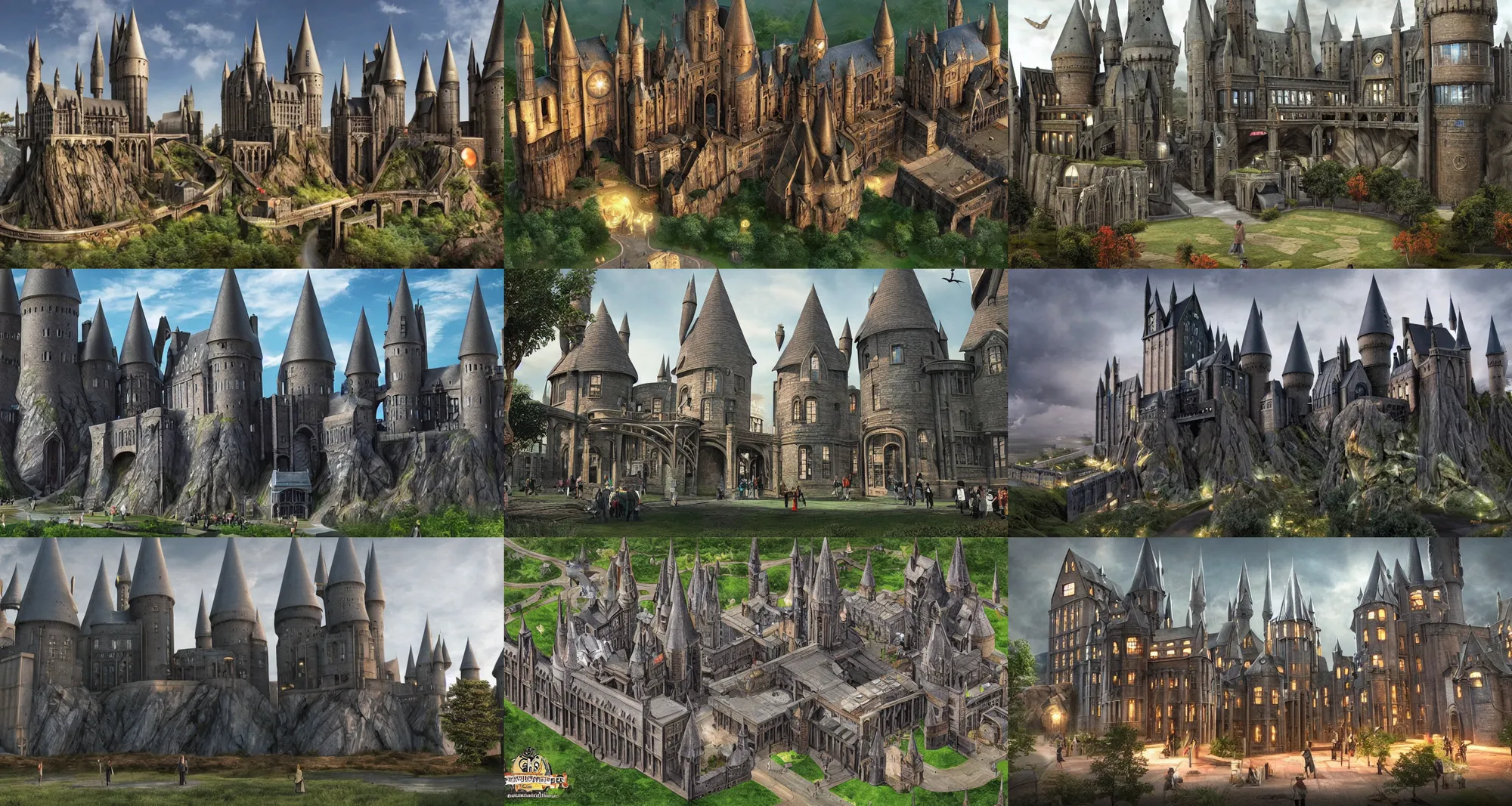 Prompt: a outside view of a futuristic version of the school of witchcraft and wizardry Hogwarts