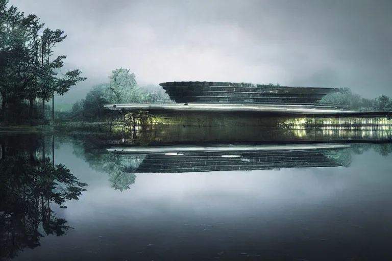 Image similar to an brutalist spaceship forming from a lake surrounded by trees, serene vast landscape, neon lights, rainy day, beautiful lighting, high depth, ultra realistic, artistic, by annie leibovitz