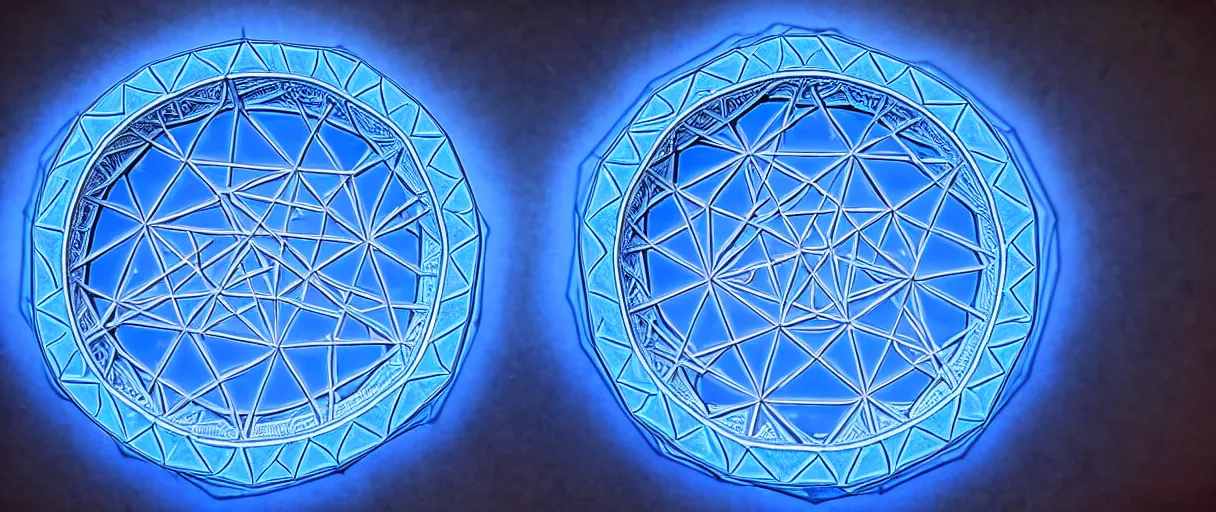 Image similar to hyperrealistic highly detailed sacred geometry impossible object in motion dramatic blue lighting wide angle hd 8k sharp shallow depth of field