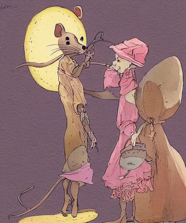 Prompt: a watercolor ink painting of the selfless female anthropomorphic mouse midwife. her wardrobe is complicated in the style of moebius in the style of anti - art trending on artstation deviantart pinterest furaffinity hyper detailed photorealistic highlights and shadow hd 8 k post - processing high resolution