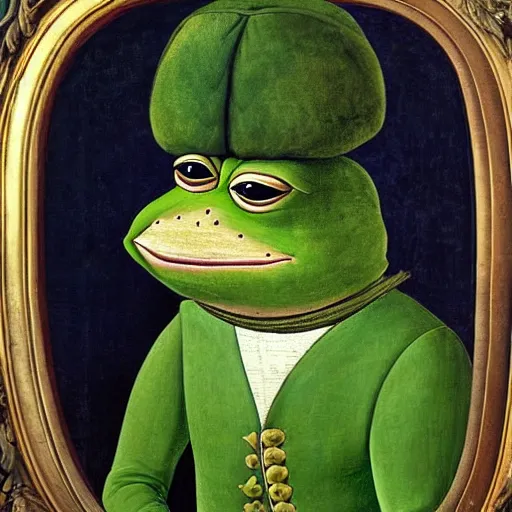 Image similar to pepe the frog as 1 8 th century prussian soldier, elegant portrait by sandro botticelli, detailed, symmetrical, intricate