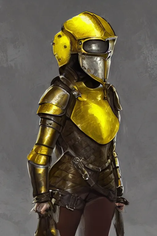 Image similar to female adventurer in tight full - body canary yellow gambeson leather armor of italian design with diamond pattern and black accents and a closed armet helmet, trending in artstation, establishing shot