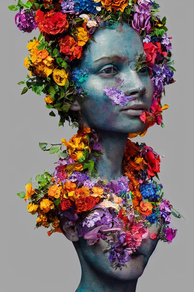 Prompt: a sculpture made of vine and colorful flowers, bust, single portrait, queen, future, epic, harper's bazaar, vogue, magazine, insanely detailed and intricate, concept art, ornate, luxury, elite, elegant, trending on artstation, by Ruan Jia, Kenneth Willardt, Ross Tran, WLOP, Andrei Riabovitchev.