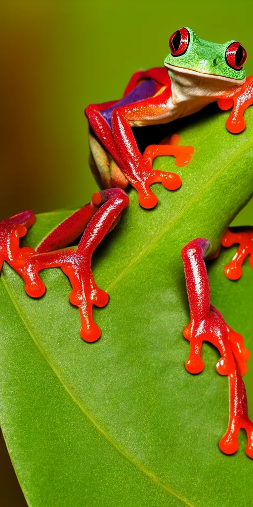 Image similar to macro photo of a red-eyed tree frog on a leaf, Nikon D810, ƒ/5.0, focal length: 46.0 mm, Exposure time: 1/60, ISO: 400, hyper-detailed, award-winning National Geographic photo