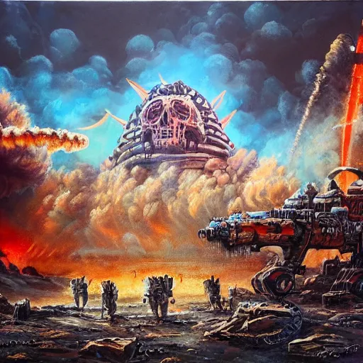 Prompt: nuclear war, rockets, giant robots, brutal warfare, skulls, on ancient post - apocalyptic planet, jim henson creature shop, vivid and colorful, thomas kincaid, cinematic, oil painting, highly detailed, illustration