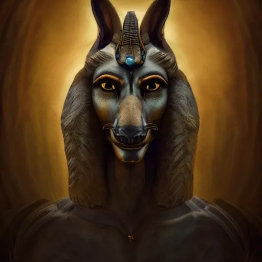 Image similar to portrait of anubis, intricate artwork, concept art, octane render, deviantart, cinematic, key art, hyperrealism, iridescent accents, portrait photograph, nikon 3 5 mm, photograph by greg rutkowski