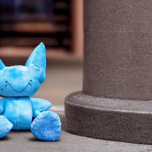 Image similar to blue'snappy gifts'plush doll, on sidewalk, gifts, happy atmosphere, high detail, soft lighting, 8 k