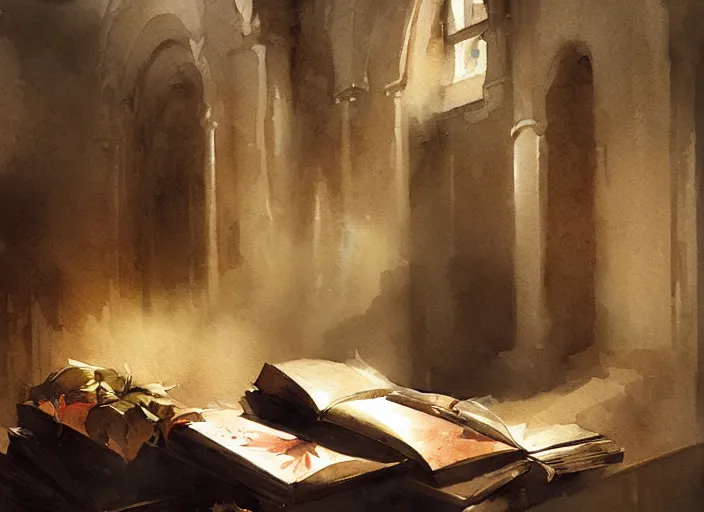 Image similar to watercolor painting of mysterious book, wonderful masterpiece by greg rutkowski, beautiful cinematic light, american romanticism by greg manchess, creation by tyler edlin