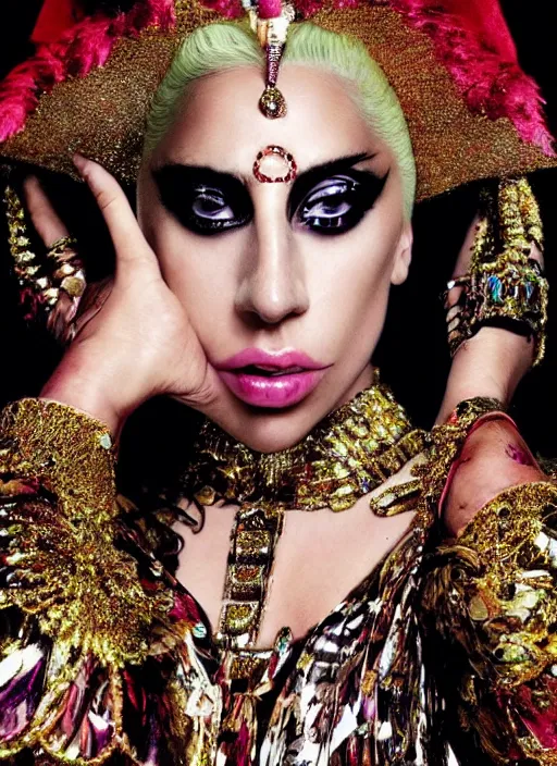 Image similar to lady gaga styled by nick knight posing in an indian setting , vogue magazine, Highly realistic. High resolution. Highly detailed. Dramatic. 8k.4k.