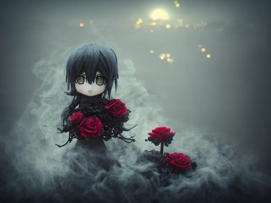 Image similar to cute fumo plush of a gothic maiden girl clutching lots of decayed roses, stale twilight, swirling vortices of emissive smoke and volumetric fog over the river, bokeh, vignette, vray