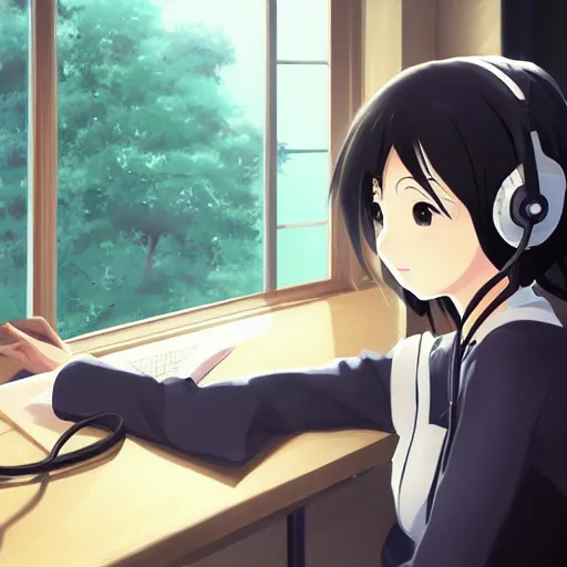 Image similar to Anime painting of a black haired girl wearing headphones while studying in her warm cozy home, by makoto shinkai, relaxed, calm, atmospheric, peacefull, trending on artstation, kimi no na wa